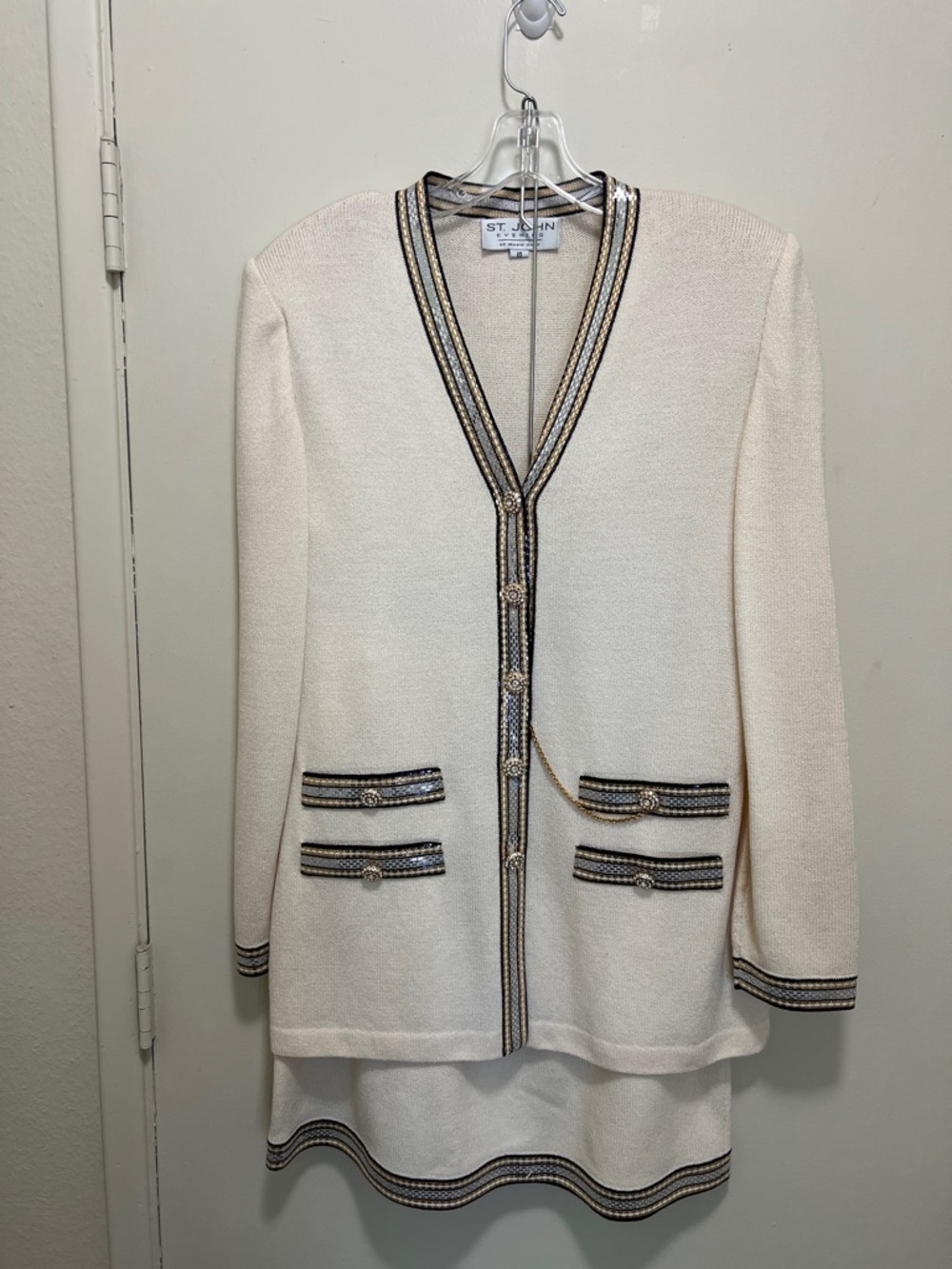 St. John Cream Knit Jacket with Black & Gold Trim - Picture 1 of 5